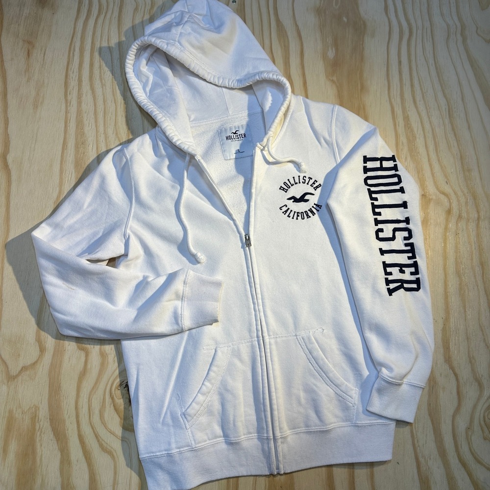 Hollister Mens Large White Graphic Full Zip Hoodie Sweatshirt California Logo